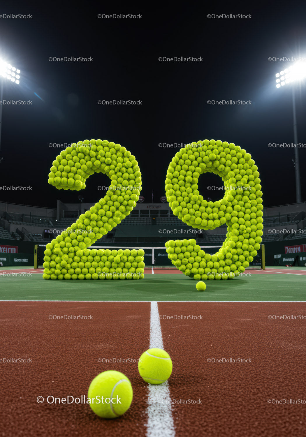 Large Numbers Formed by Tennis Balls on Court at Night