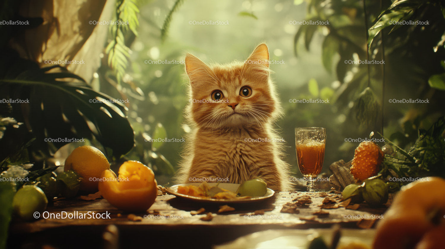 Adorable Ginger Cat in Lush Jungle with Green Foliage and Sunlight