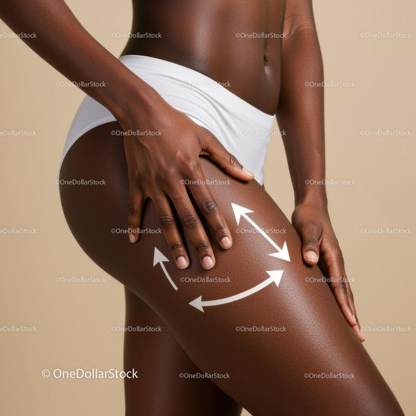 Elegant Dark-Skinned Woman Touching Her Thigh with Arrows for Body Care