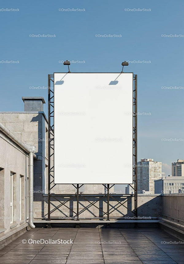 Blank billboard on urban rooftop against clear sky JPG Mockup Image