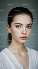 Portrait of a Young Woman with Bright Blue Eyes and Freckled Skin