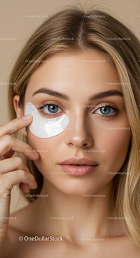 Young Woman Applying Under Eye Gel with Youthful Skin and Clear Blue Eyes