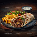 Grilled Beef Wrap with Crispy Fries and Fresh Salad