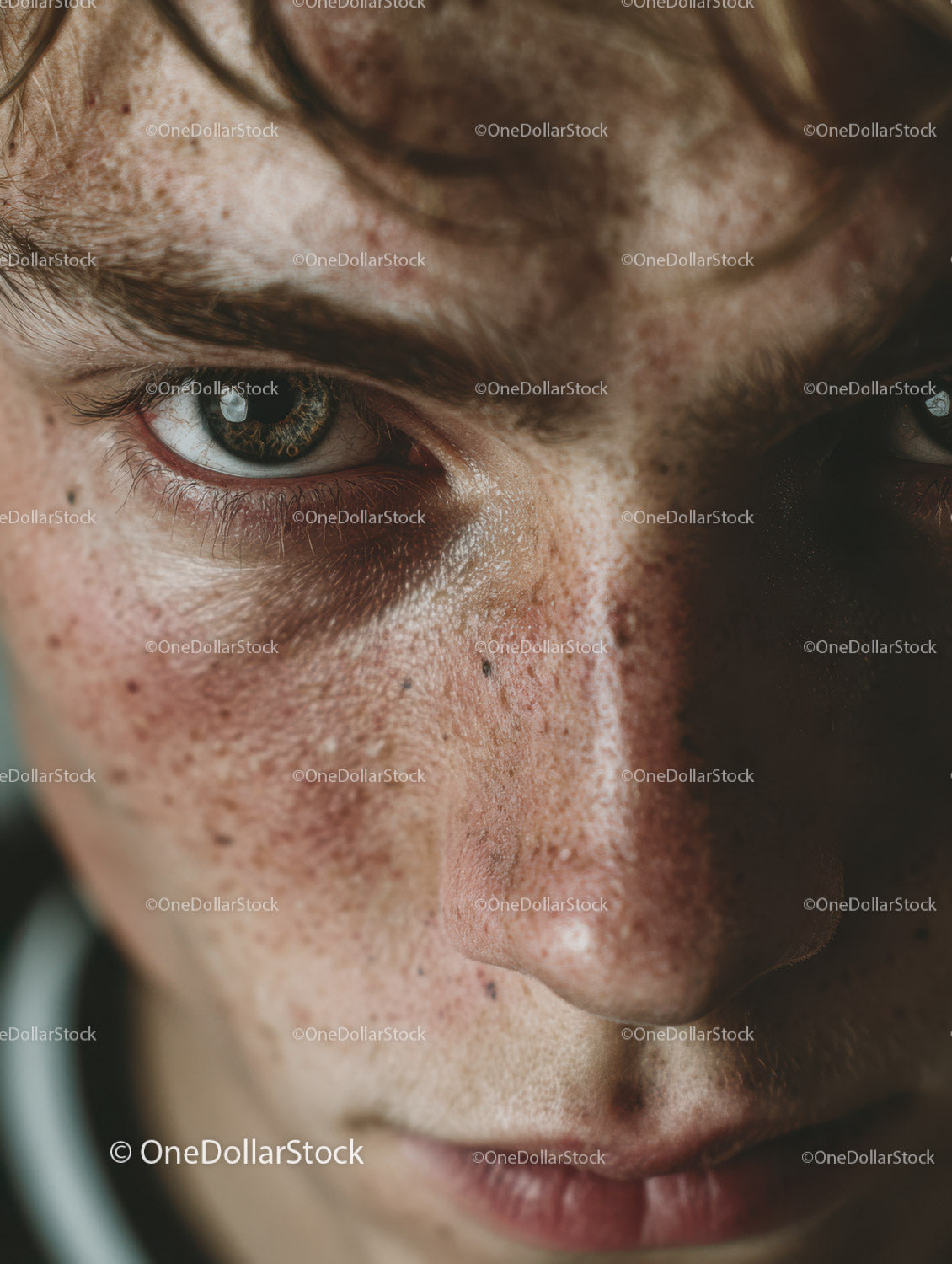 Close-up of Man's Face with Green Eye and Freckled Skin