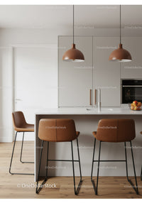Modern Kitchen with Brown Leather Bar Stools and Pendant Lighting