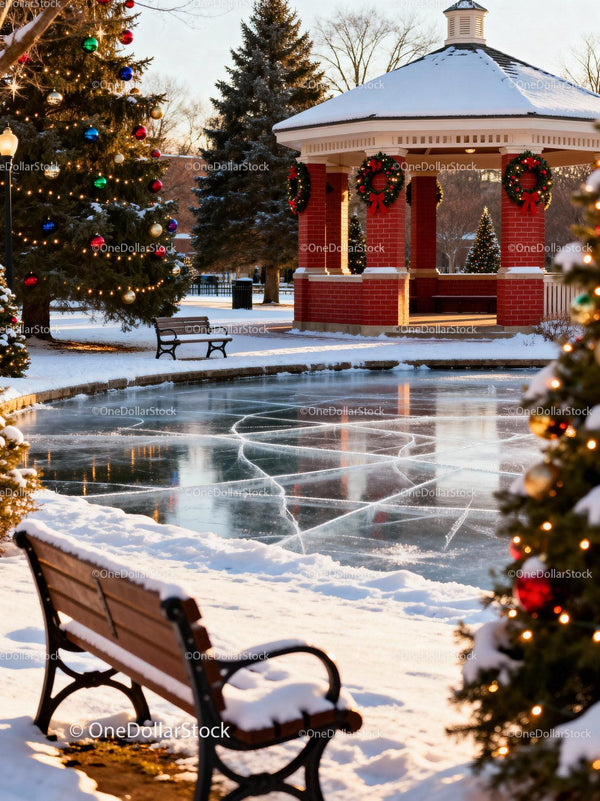 Snowy park with decorated gazebo and frosted pond
