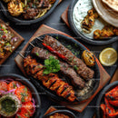 Assorted Skewers with Vegetables and Sauces in Rustic Serving Dishes