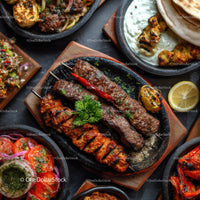 Assorted Skewers with Vegetables and Sauces in Rustic Serving Dishes