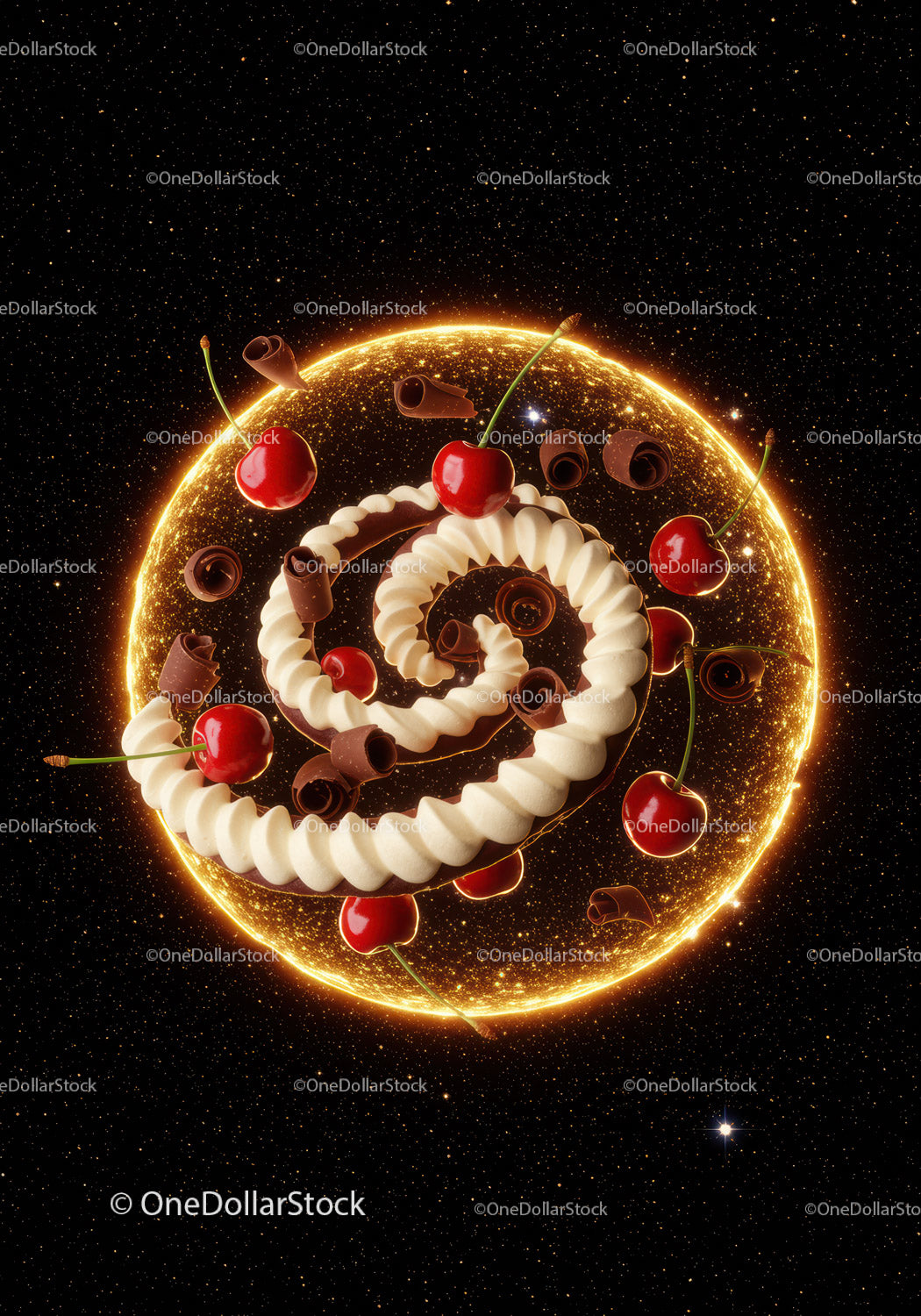 Sweet dessert spirals with cherries and chocolate curls