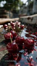 Fresh Juicy Red Cherries Scattered Outdoors in Sunlight