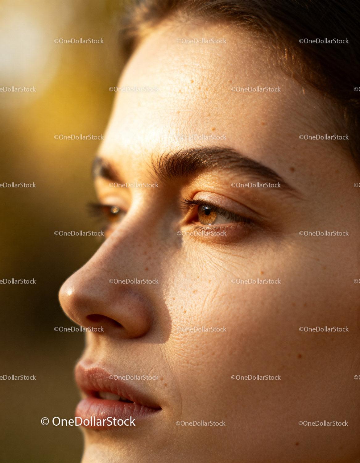 Close up of a woman with natural skin in warm sunlight