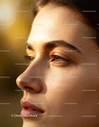 Close up of a woman with natural skin in warm sunlight