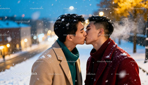 Winter Kiss Between Two Men in a Snowy Street