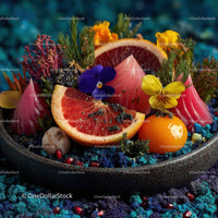 Vibrant Citruses and Edible Flowers in Artistic Fruit Arrangement