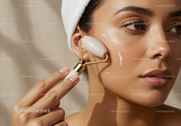 Young Woman Using Facial Roller for Glowing Skin with Towel