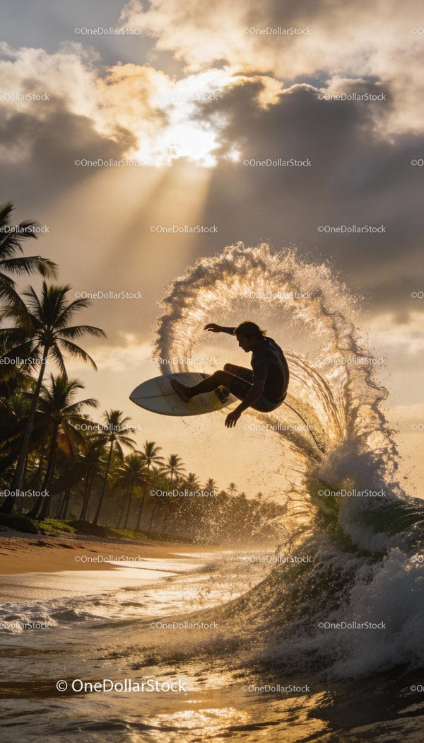 Surfer carving wave with palm trees at sunset