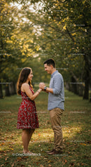 Young couple enjoying tender moment in tree-lined park
