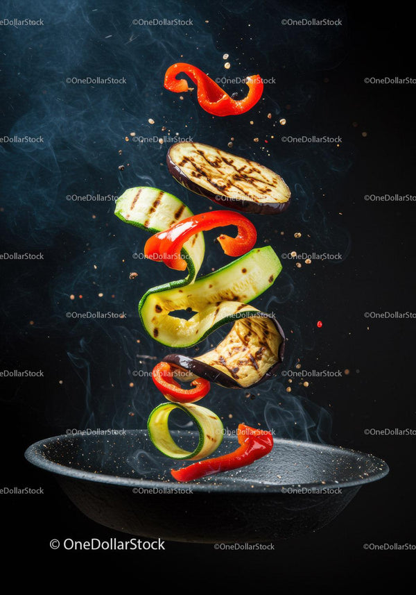 Grilled Vegetables Tossed in Hot Black Pan