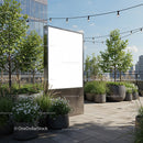 Urban rooftop garden with blank advertising board