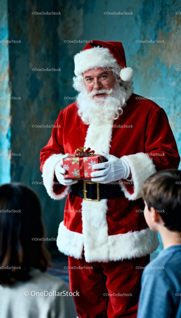 Santa Claus Giving Gift to Excited Children