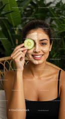 Young Woman with Natural Facial Mask Applying Cucumber Slice for Skin Rejuvenation
