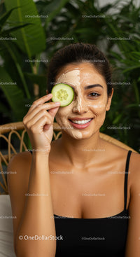 Young Woman with Natural Facial Mask Applying Cucumber Slice for Skin Rejuvenation