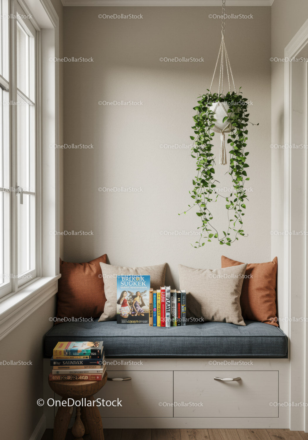 Cozy Windowsill Nook with Hanging Plant and Bookstack in Bright Interior