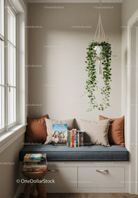 Cozy Windowsill Nook with Hanging Plant and Bookstack in Bright Interior