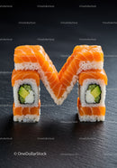Sushi rolls arranged in the shape of letter M