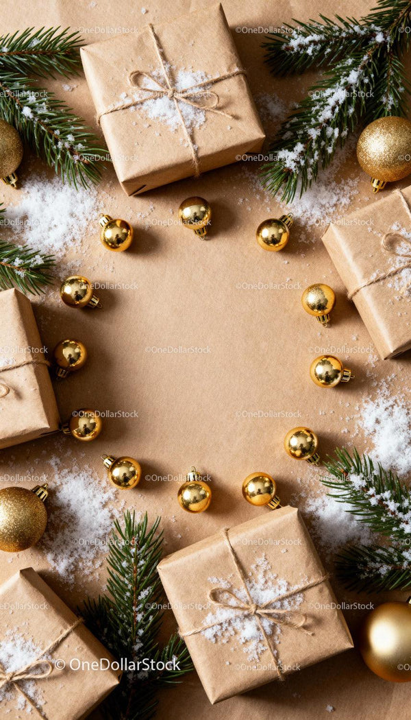 Natural Christmas Gifts with Gold Decorations and Pine Branches