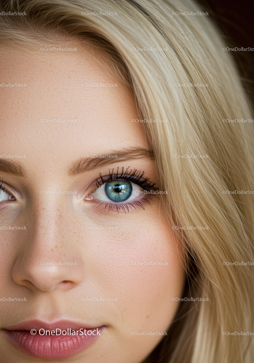 Close up of young woman with blue eyes and freckles