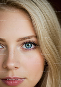 Close up of young woman with blue eyes and freckles