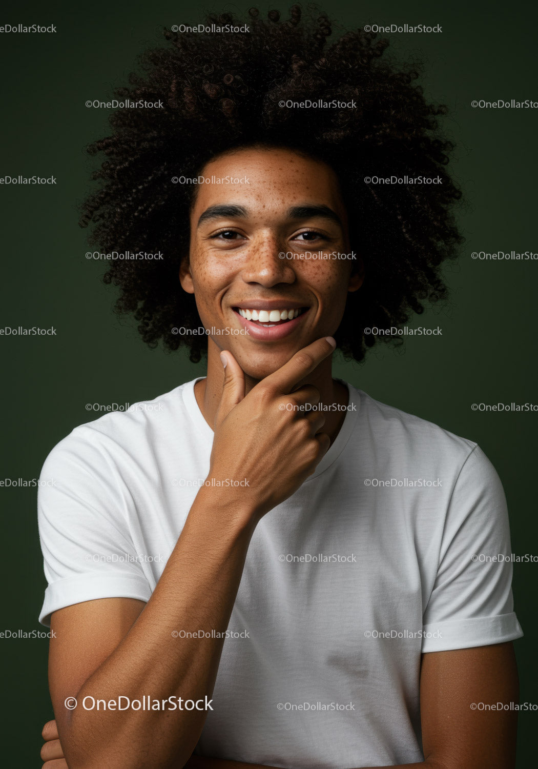 Confident Smiling Young Man with Curly Hair and Casual Style