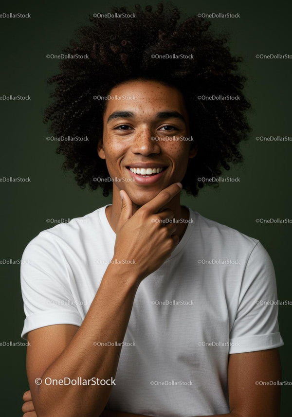 Confident Smiling Young Man with Curly Hair and Casual Style