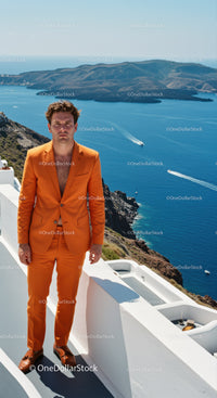 Man in vibrant orange suit standing by sea cliff