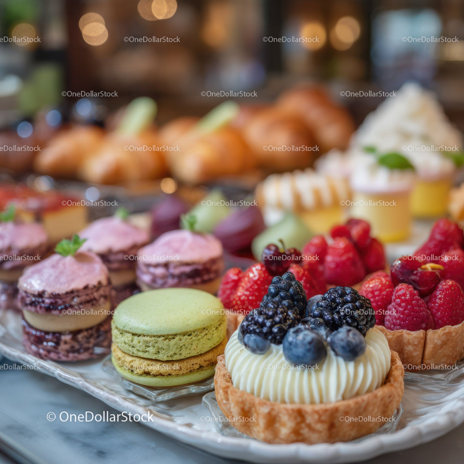 Colorful Fruit Tarts and Pastries with Fresh Berries and Cream