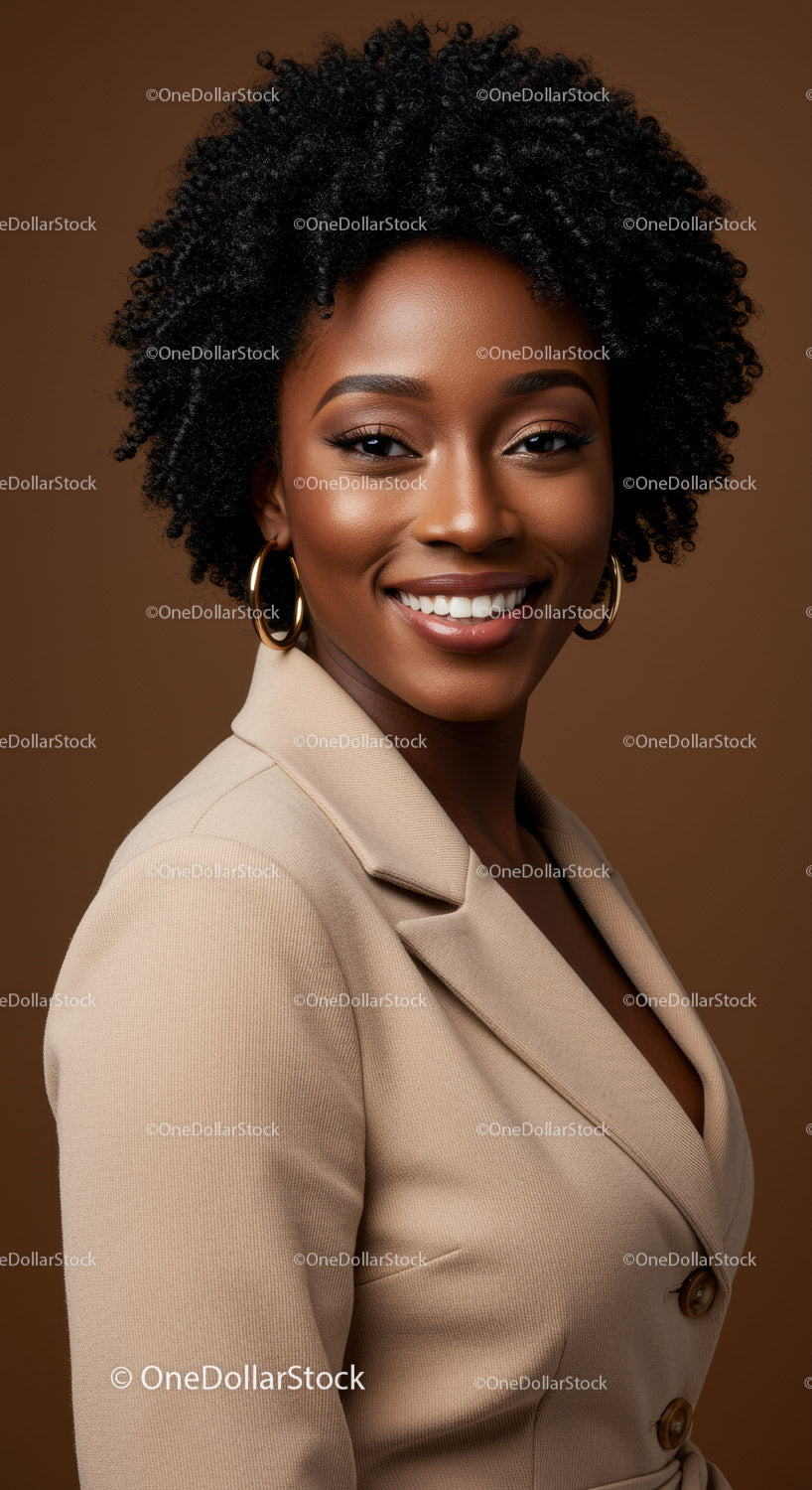 Elegancka uśmiechnięta kobieta w beżowej marynarce z fryzurą afro, portret studyjny