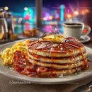Stack of Fluffy Pancakes with Syrup Bacon and Coffee