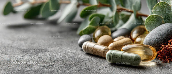 Herbal Supplements and Natural Capsules on Gray Surface with Green Foliage