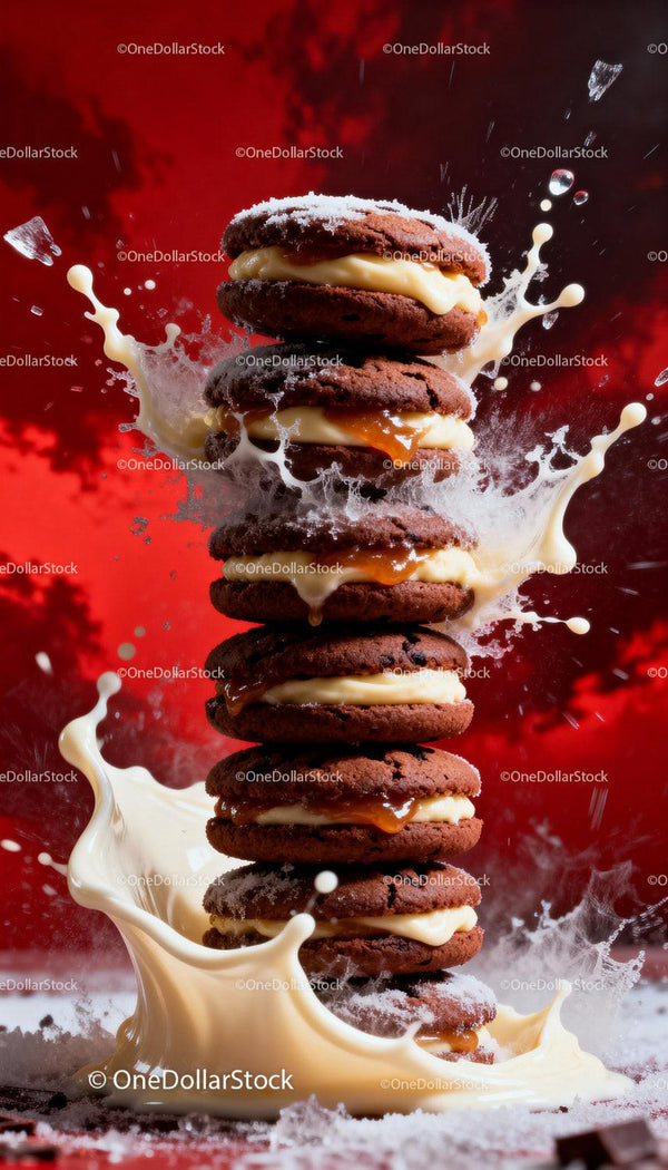 Stack of chocolate sandwich cookies with creamy filling splash