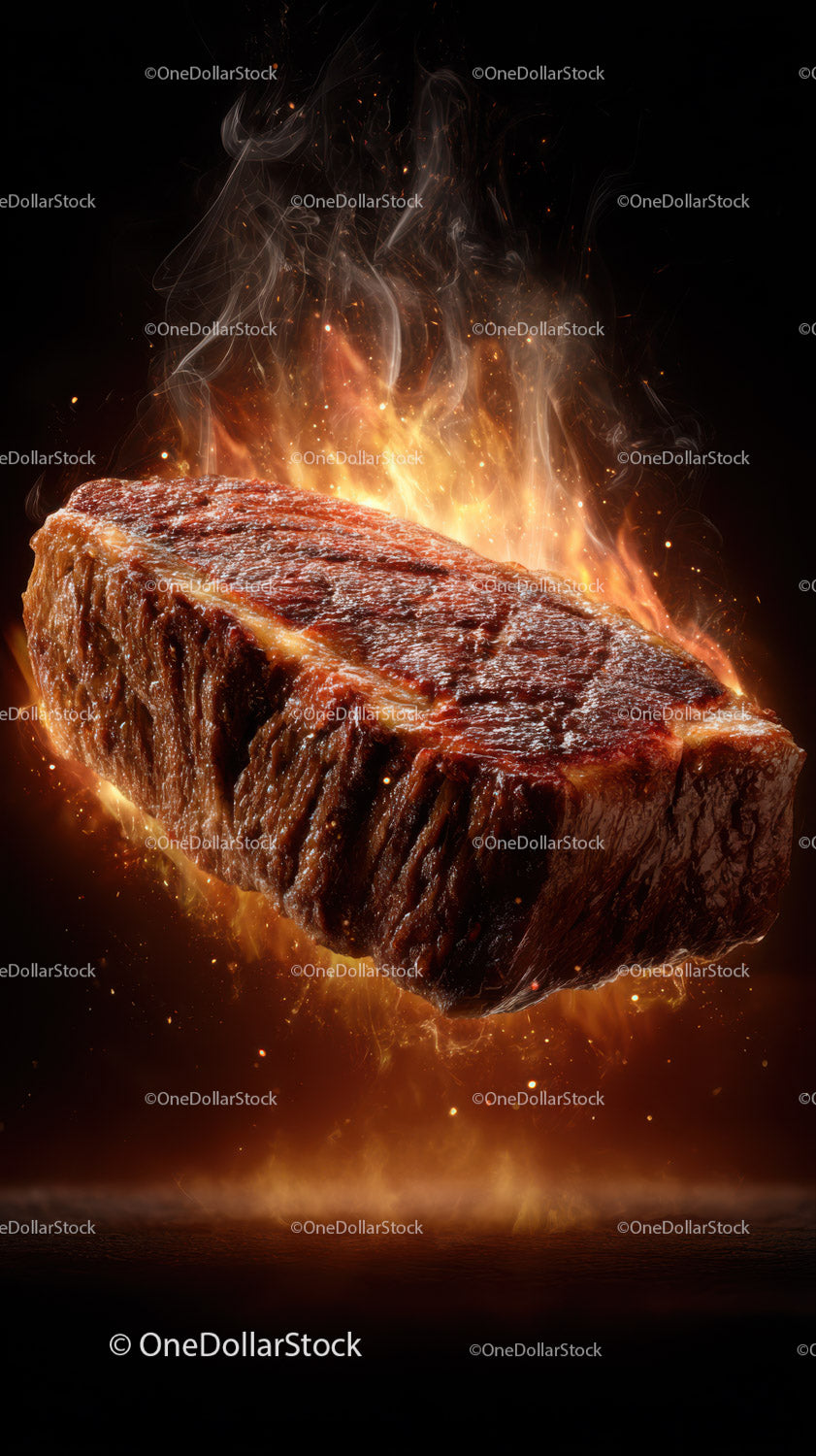 Fiery Steak with Flames and Charred Texture for Culinary Advertising