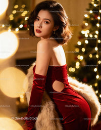 Elegant woman in red dress posing near Christmas lights