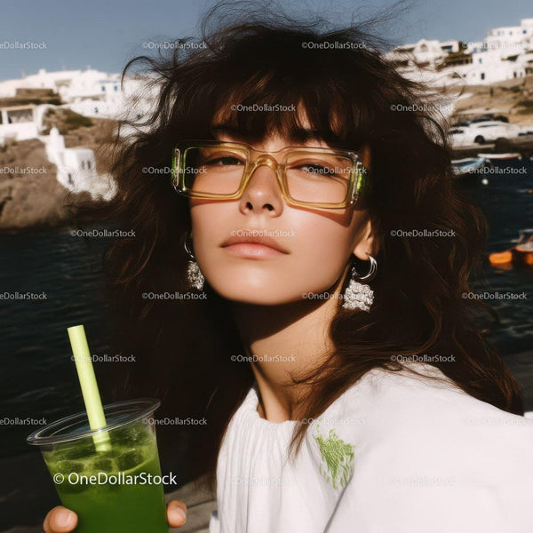 Stylish Woman Wearing Sunglasses Holding Green Drink in Coastal Scene