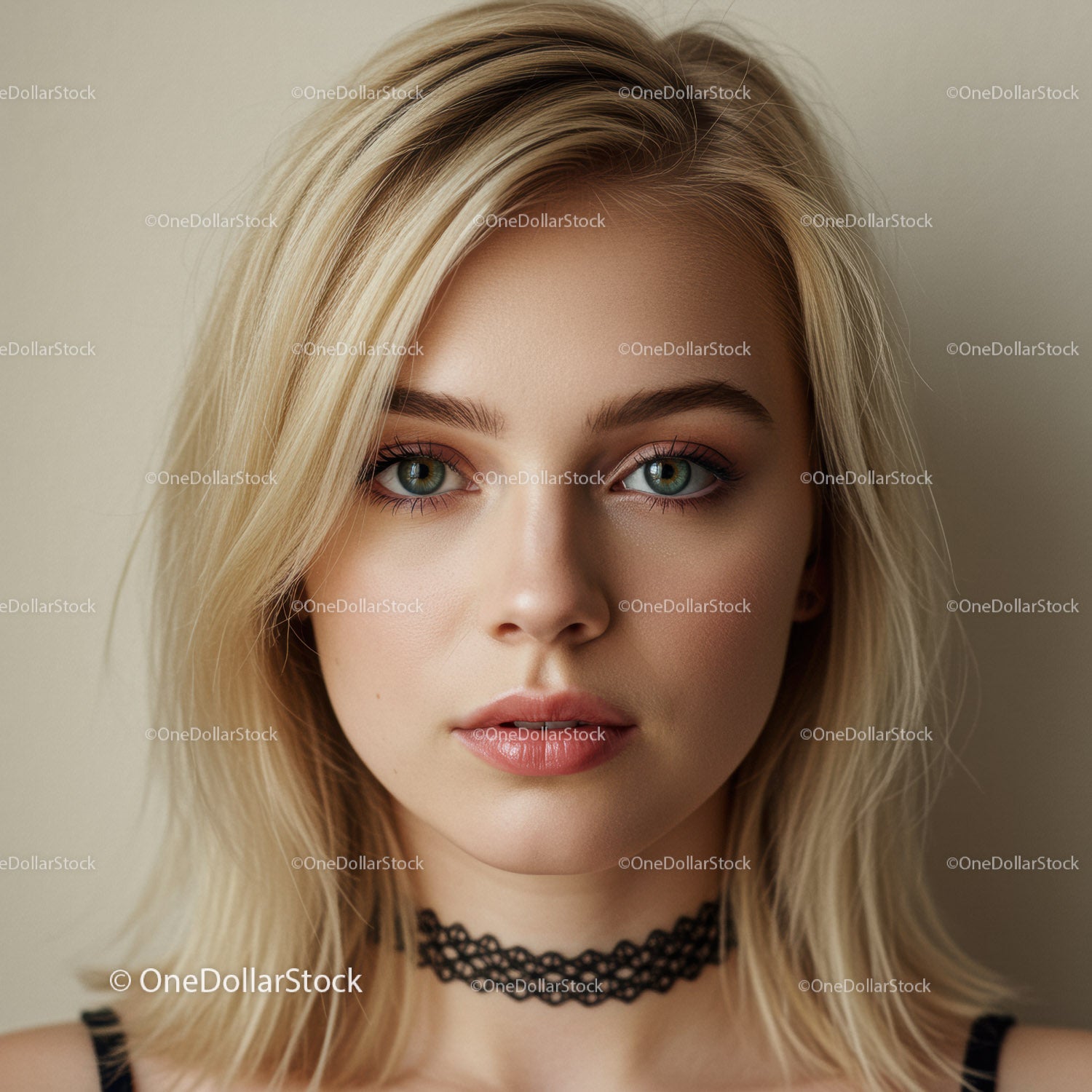 Portret młodej kobiety z blond włosami i zielonymi oczami