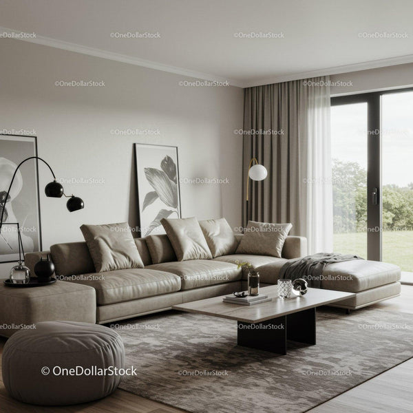 Elegancka Beżowa Sofa i Nowoczesne Wnętrze Salonu z Malowniczym Widokiem
