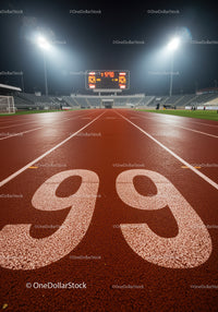 Empty running track lane ninety nine at night stadium