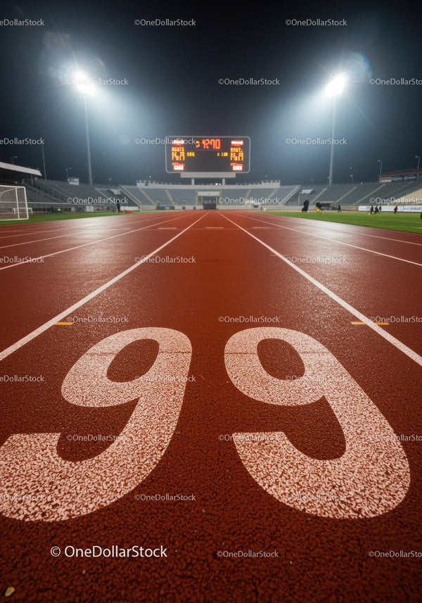 Pusta dziewięćdziesiąta dziewiąta bieżnia na stadionie nocą