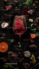 Gourmet Red Wine and Raw Steak with Fruits and Herbs