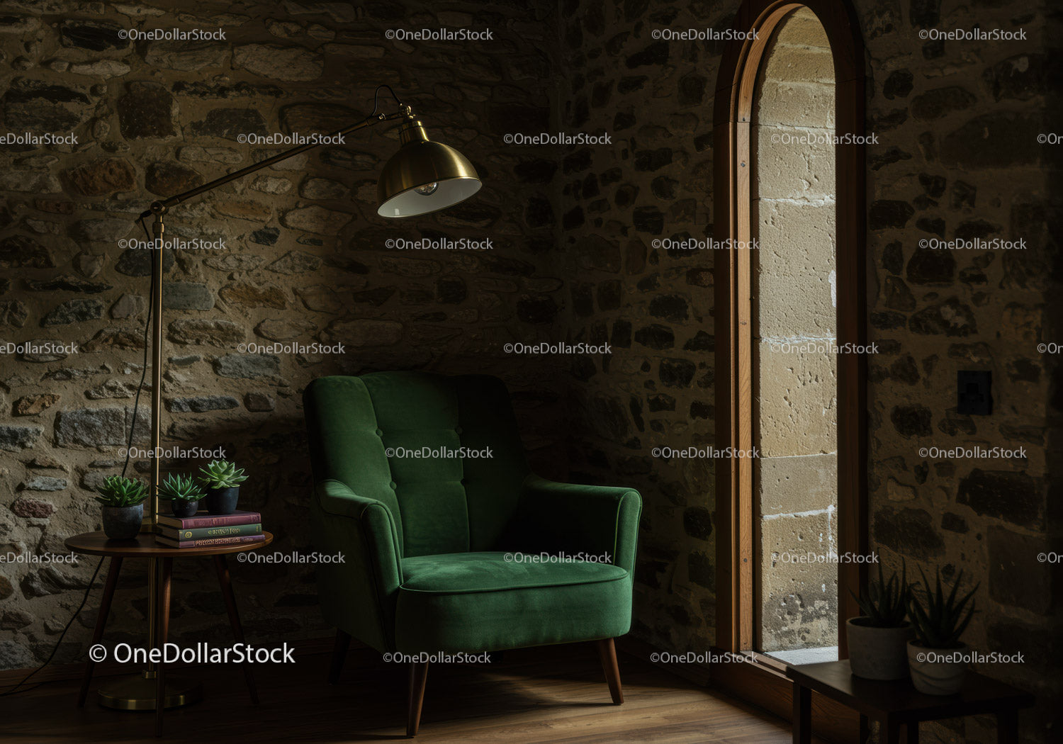 Cozy green armchair in rustic stone wall room