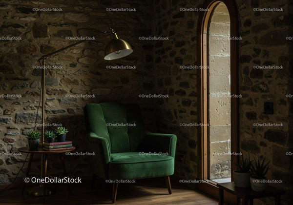 Cozy green armchair in rustic stone wall room